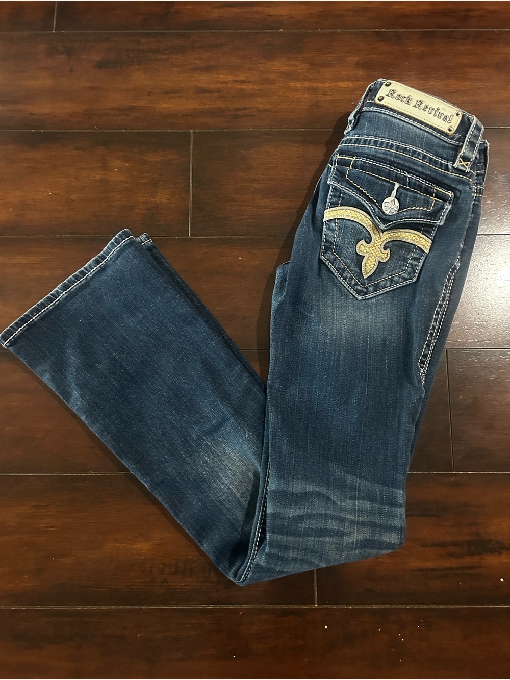 Rock Revival Women’s Dark Blue Boot Cut Jeans with Embroidered Pockets
